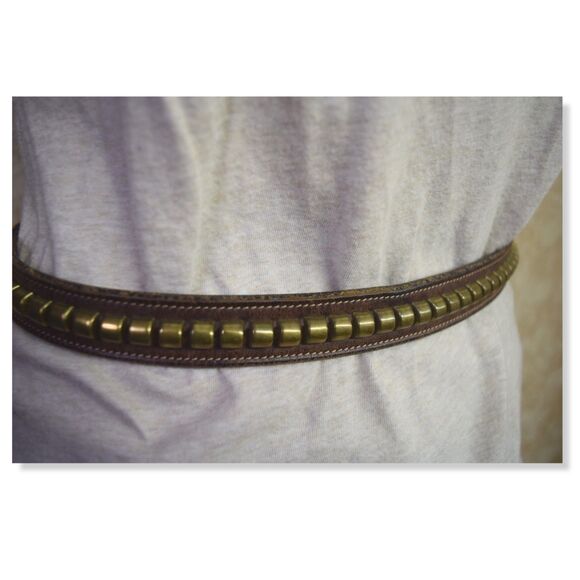 Tory Leather Co. Havana Brown Studded 3/4” English Bridle Clincher Belt Size 28 - Picture 4 of 11